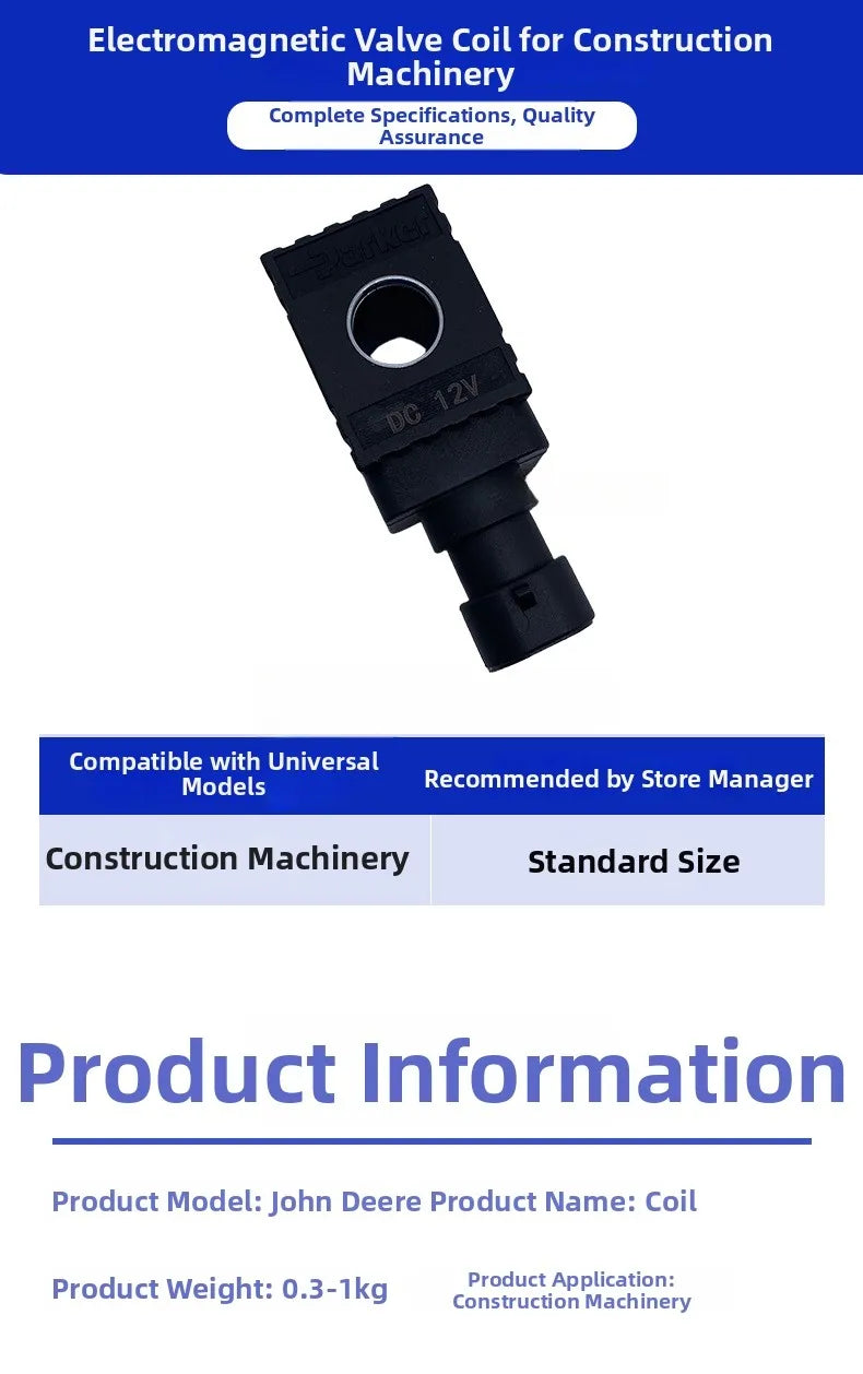 RE50782 DC 12V Solenoid Valve Coil – Excavator Replacement Solenoid Valve Coil PRIMED