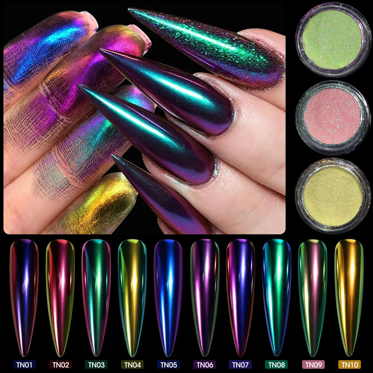 10-Color Aurora Chrome Nail Powder – Iridescent Chameleon Pigment