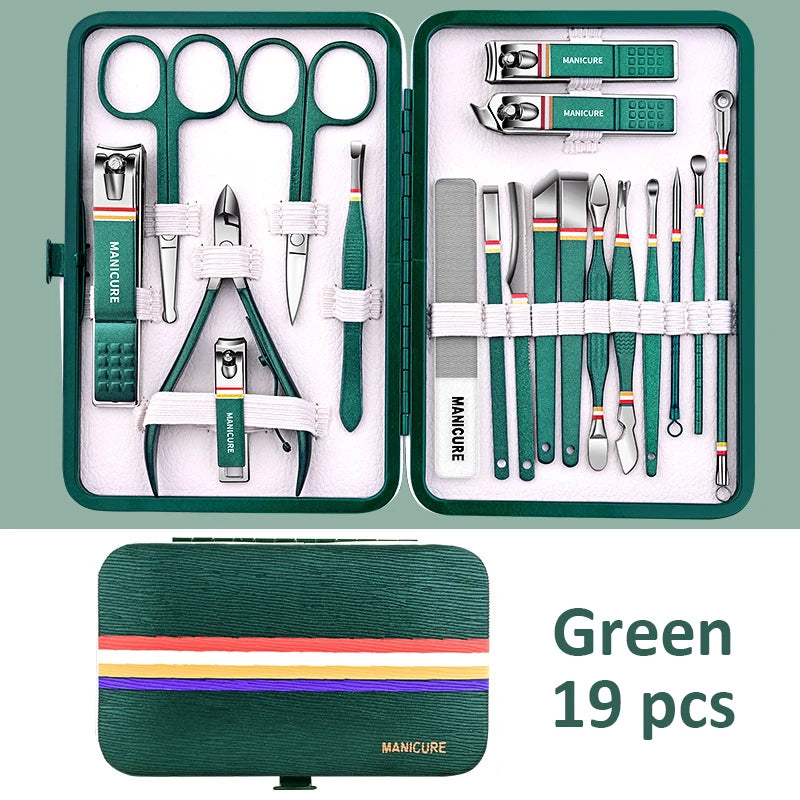 Stainless Steel Manicure Set 9–19 Pcs | Nail Clippers & Bag Manicure Tool Set PRIMED Green 19 pcs