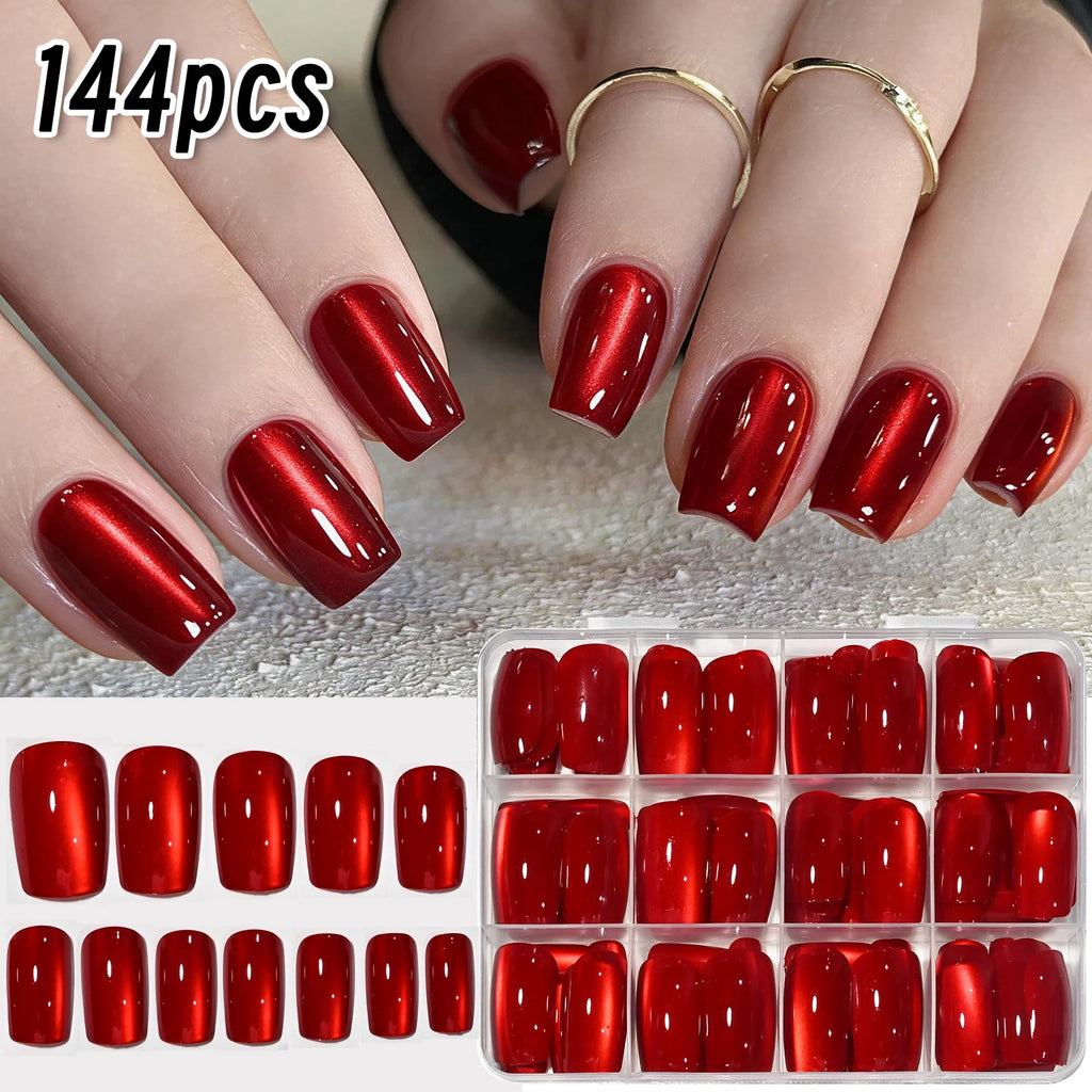 Red Cat's Eye Press On Nails 144pcs – Glazed Resin Nail Tips