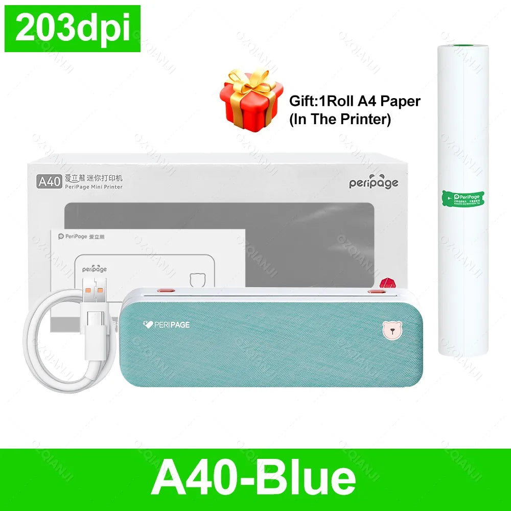 Peripage A40 Portable A4 Wireless Bluetooth Inkless Thermal Printer Portable Thermal Printer PRIMED 203DPI A40 Blue