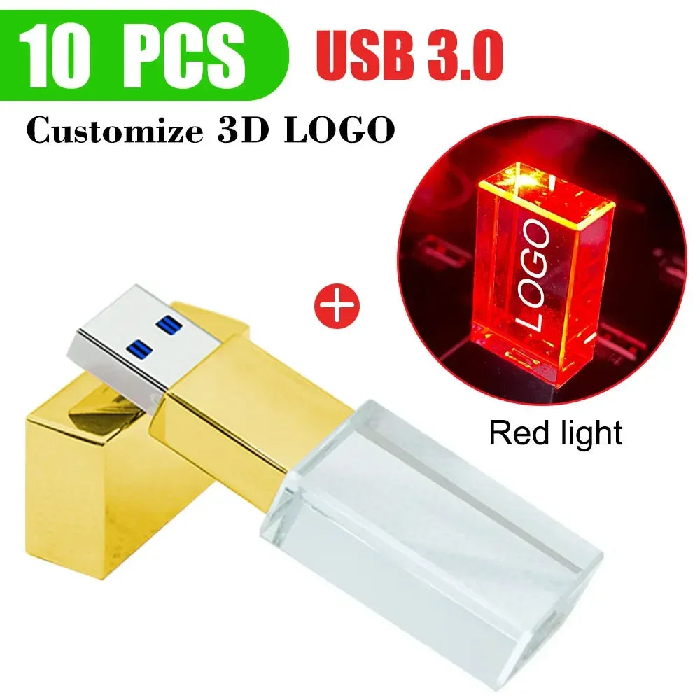10-Pack Crystal 3D USB 3.0 Flash Drives | Free Engraved Logo USB Flash Drive PRIMED 8GBx10pcs gold - red led