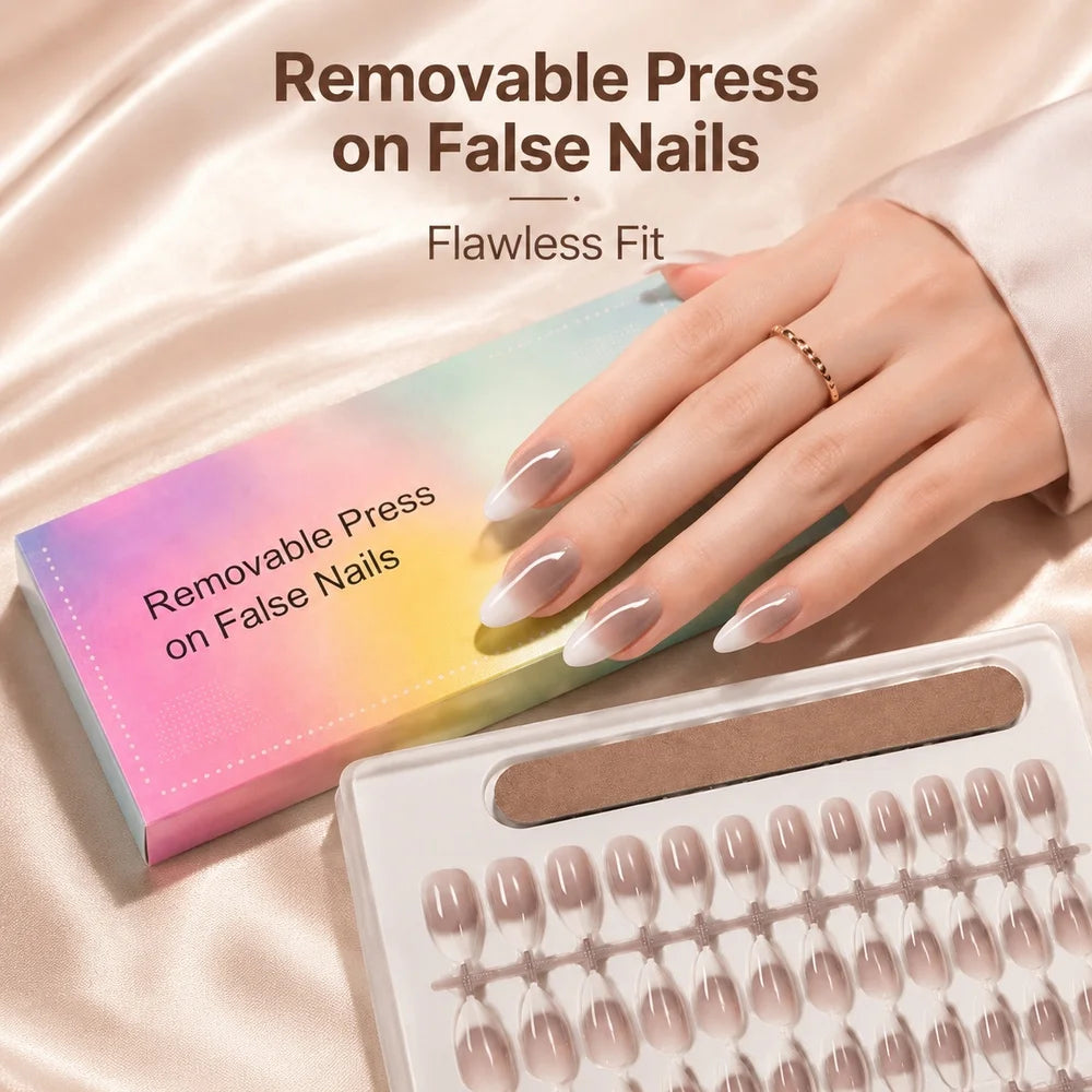 150Pcs Almond Press On Nails – Nude Brown Ombre French Tip