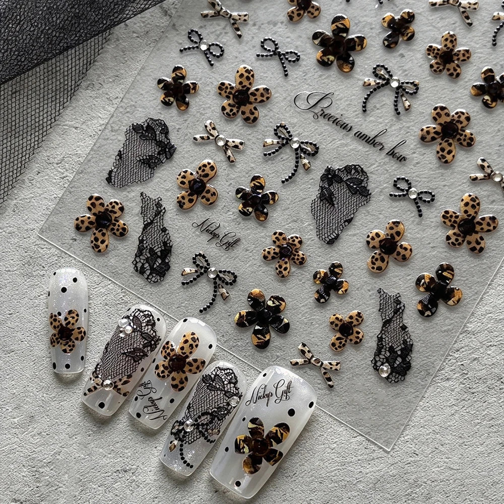 Retro Lace Nail Art Stickers – Leopard Floral Bow Decals