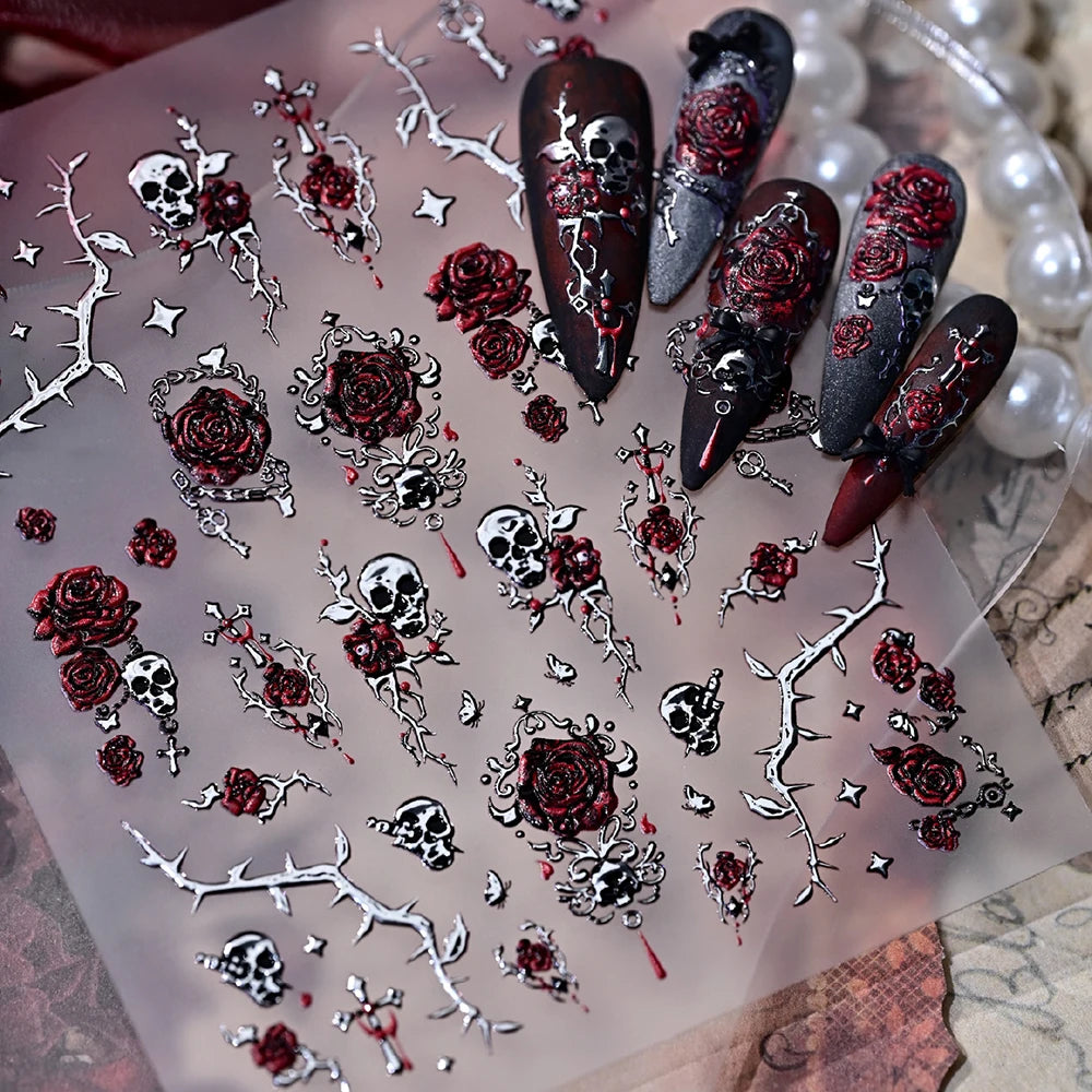 Punk Rose Skull Nail Art Stickers – 3D Hot Stamp Decals