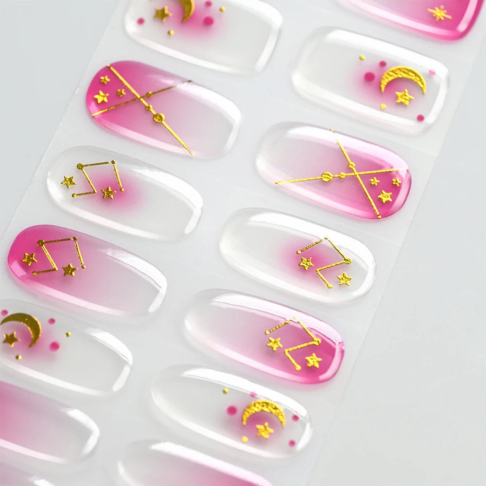 5D Semi-Cured Gel Nail Stickers – Golden Embossed Rabbit Pink Purple Gel Nail Stickers PRIMED