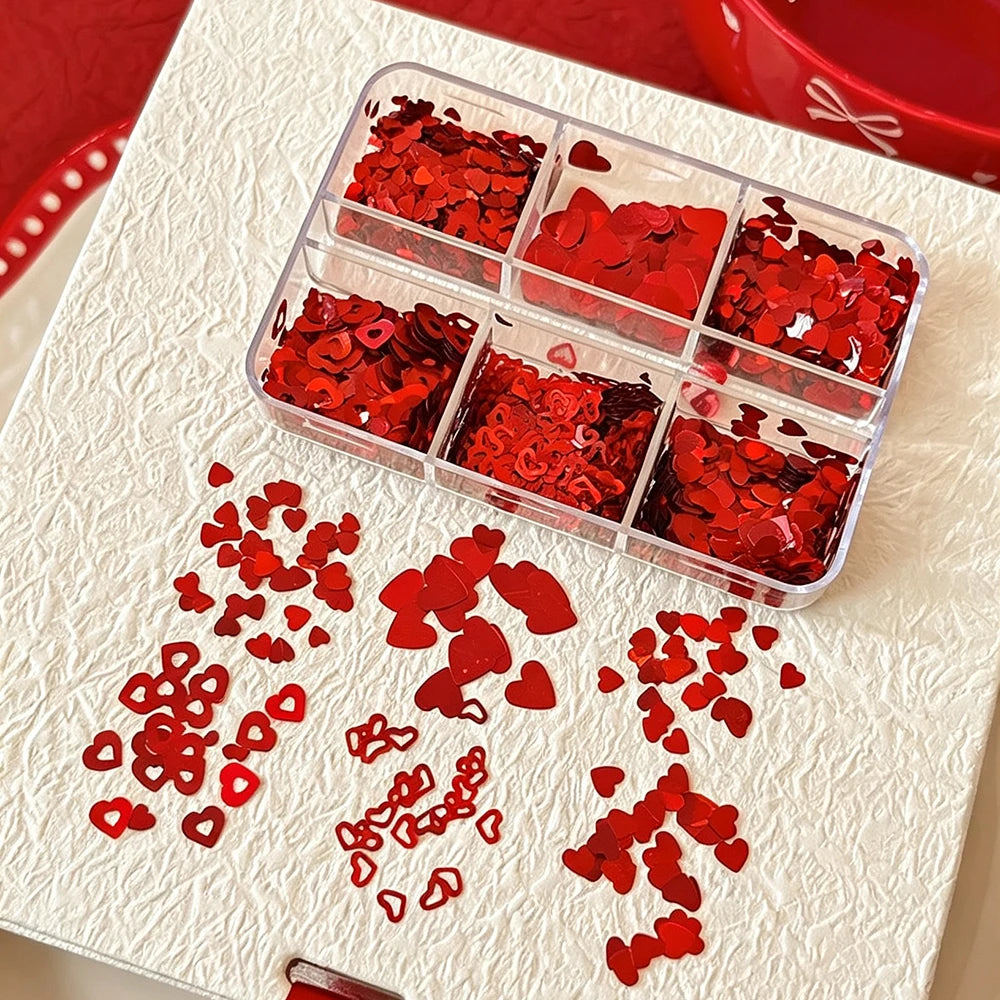 Red Heart Nail Sequins 6-Grid Box – Glitter Flakes Nail Art