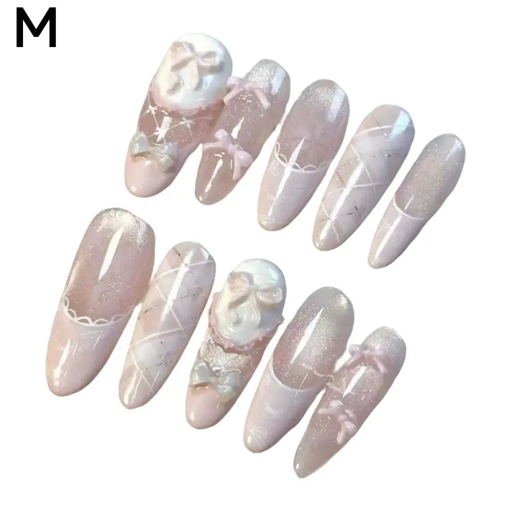 Ballet Pink Press-On Nails – Bow, Lace & Glitter Coffin Set