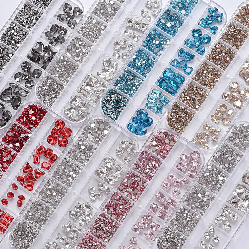 12-Grid Mixed Rhinestone Nail Charms – Crystal Glitter Gems Nail Art Gems PRIMED