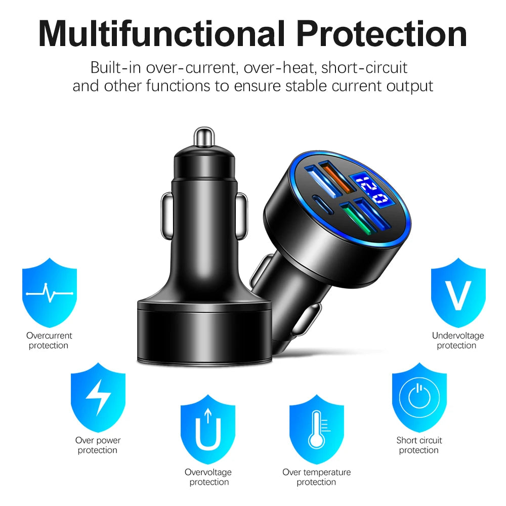 5-Port USB Car Charger 15W PD Type-C Fast Charging Adapter Car Charger Adapter PRIMED