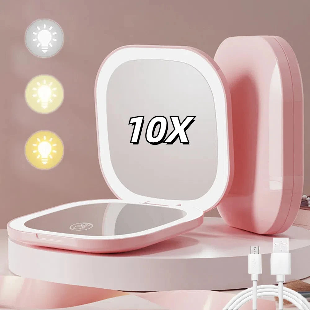 LED Compact Makeup Mirror 1X/10X Magnifying Portable Vanity LED Vanity Mirror PRIMED