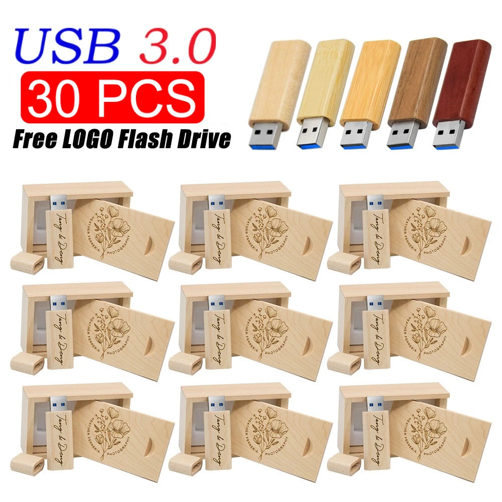 30-Pack Custom Logo Wooden USB 3.0 Flash Drives 16GB 32GB Wooden USB Flash Drive PRIMED