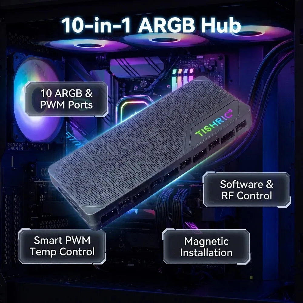 TISHRIC ARGB Fan Hub 1-to-10 PWM Controller | SATA 5V 3/4-Pin ARGB Fan Hub Controller PRIMED