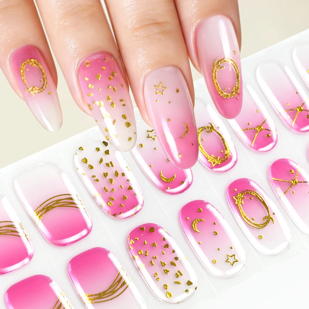 5D Semi-Cured Gel Nail Stickers – Golden Embossed Rabbit Pink Purple Gel Nail Stickers PRIMED 12