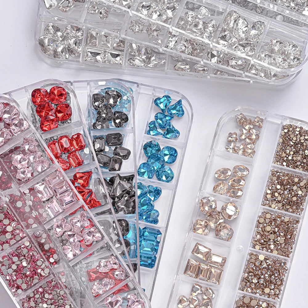 12-Grid Mixed Rhinestone Nail Charms – Crystal Glitter Gems Nail Art Gems PRIMED
