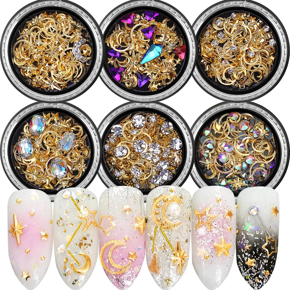 6-Box 3D Nail Rhinestones & Charms Set – Star Moon Studs Nail Art Charms PRIMED