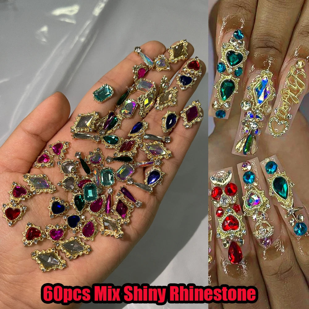 60Pcs 3D Crystal Nail Rhinestones Mixed Alloy Gem Charms DIY