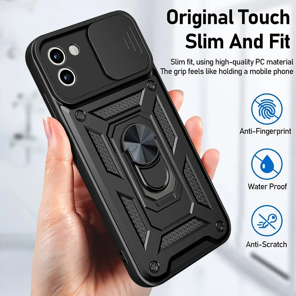 Shockproof Armor Case Samsung Galaxy A02–A14 Ring Car Holder Phone Armor Case PRIMED