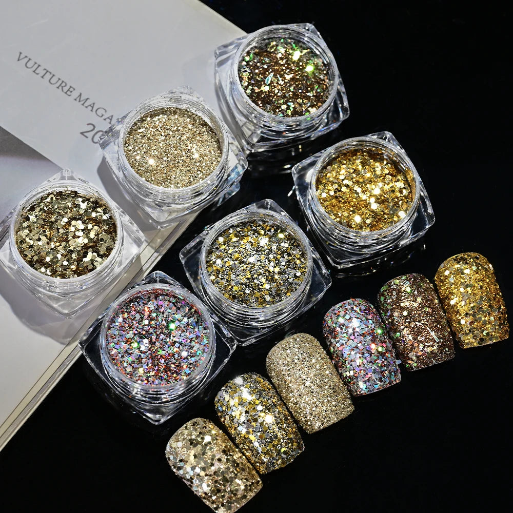 Holographic Nail Glitter Powder Set – 6 Jars Silver & Gold