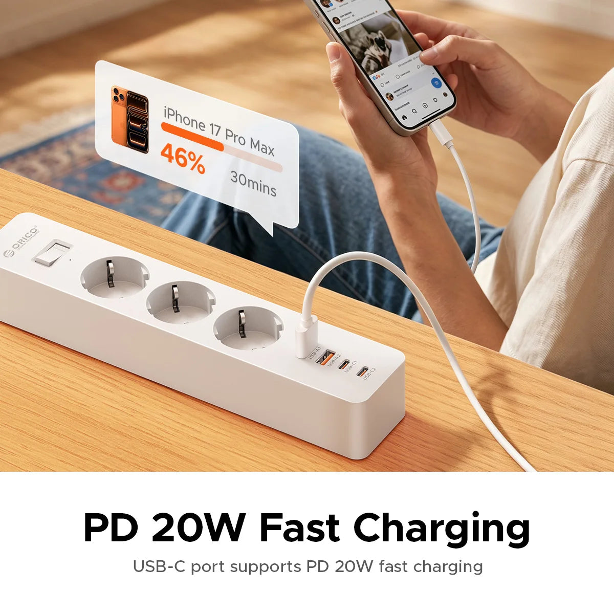 ORICO EU Desk Clamp Power Strip PD20W | 3 AC 4 USB Ports Desk Clamp Power Strip PRIMED