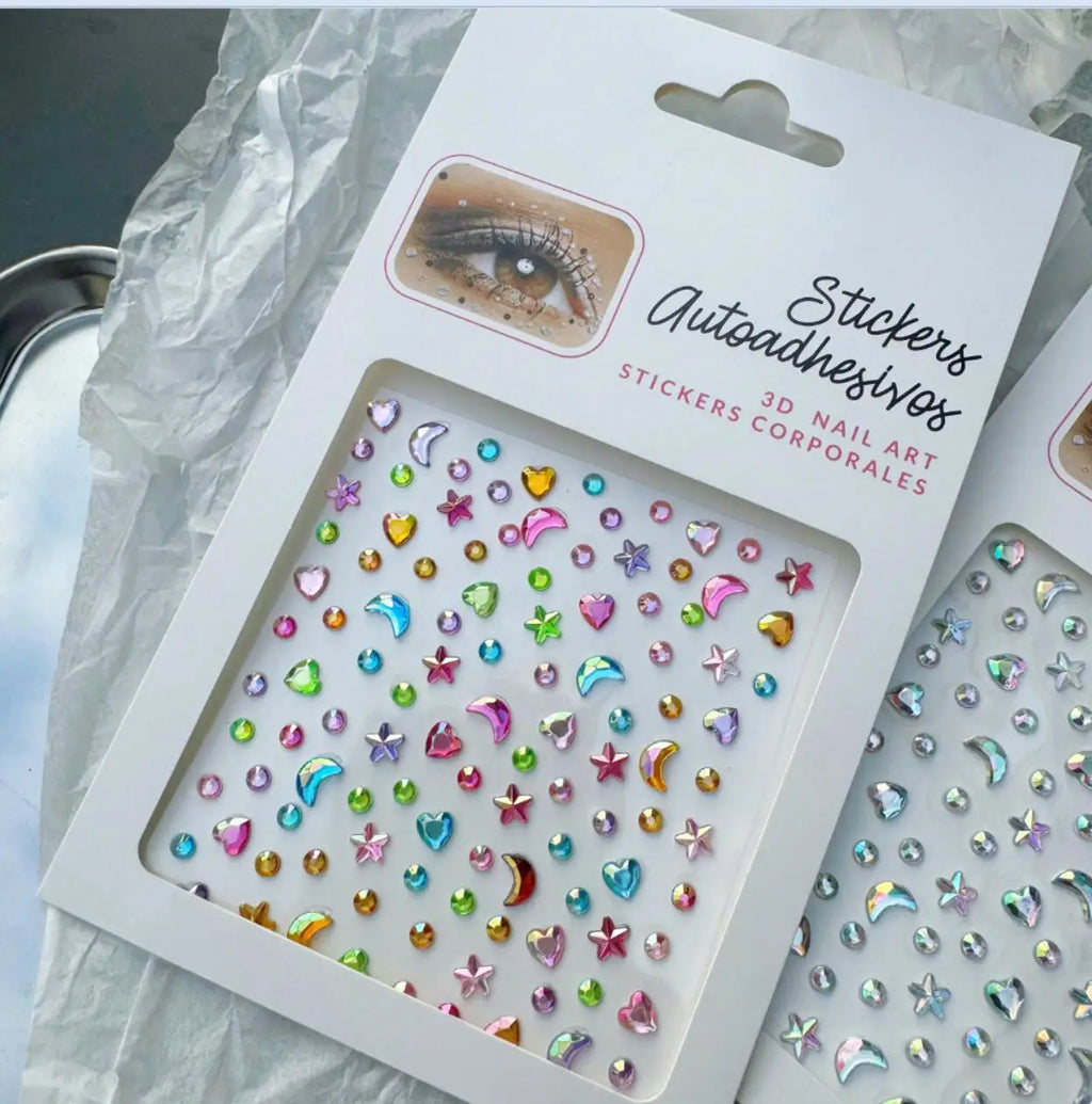 Iridescent Star Moon Face Gem Stickers – Rhinestone 2 Sheets Body Art Stickers PRIMED