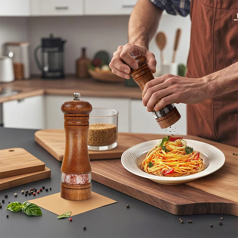 Oak Wood Salt & Pepper Mills Set with Tray | Ceramic Grinder Salt & Pepper Mills PRIMED