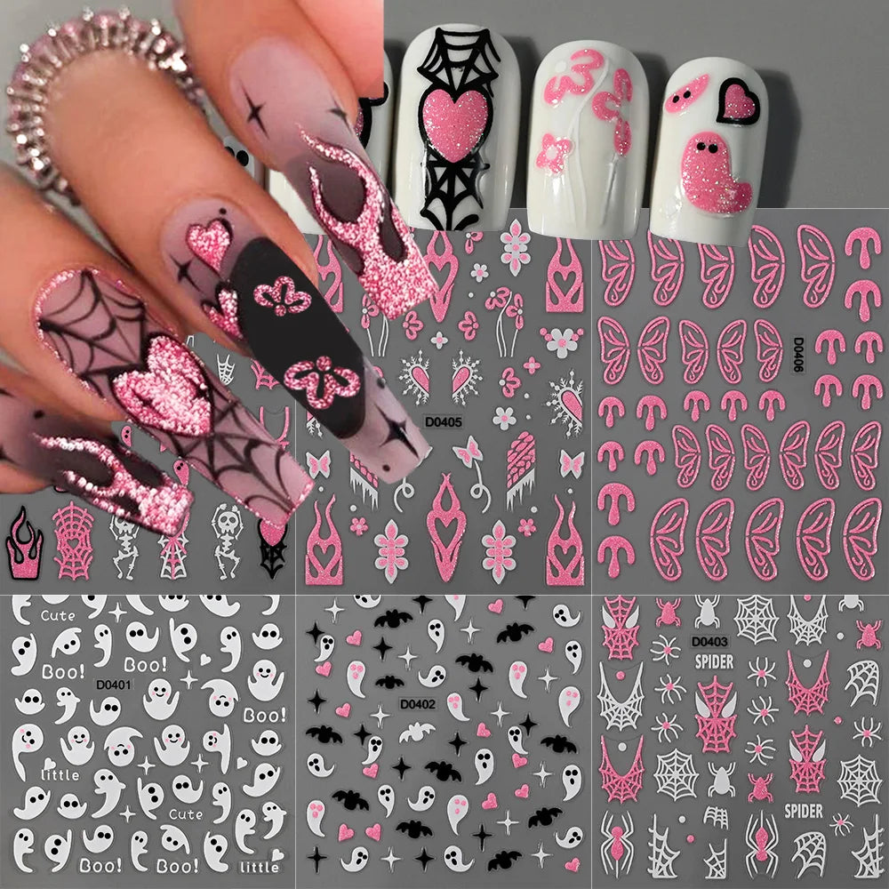 Pink Glitter Spider Web Nail Stickers 6-Sheet Halloween Decals