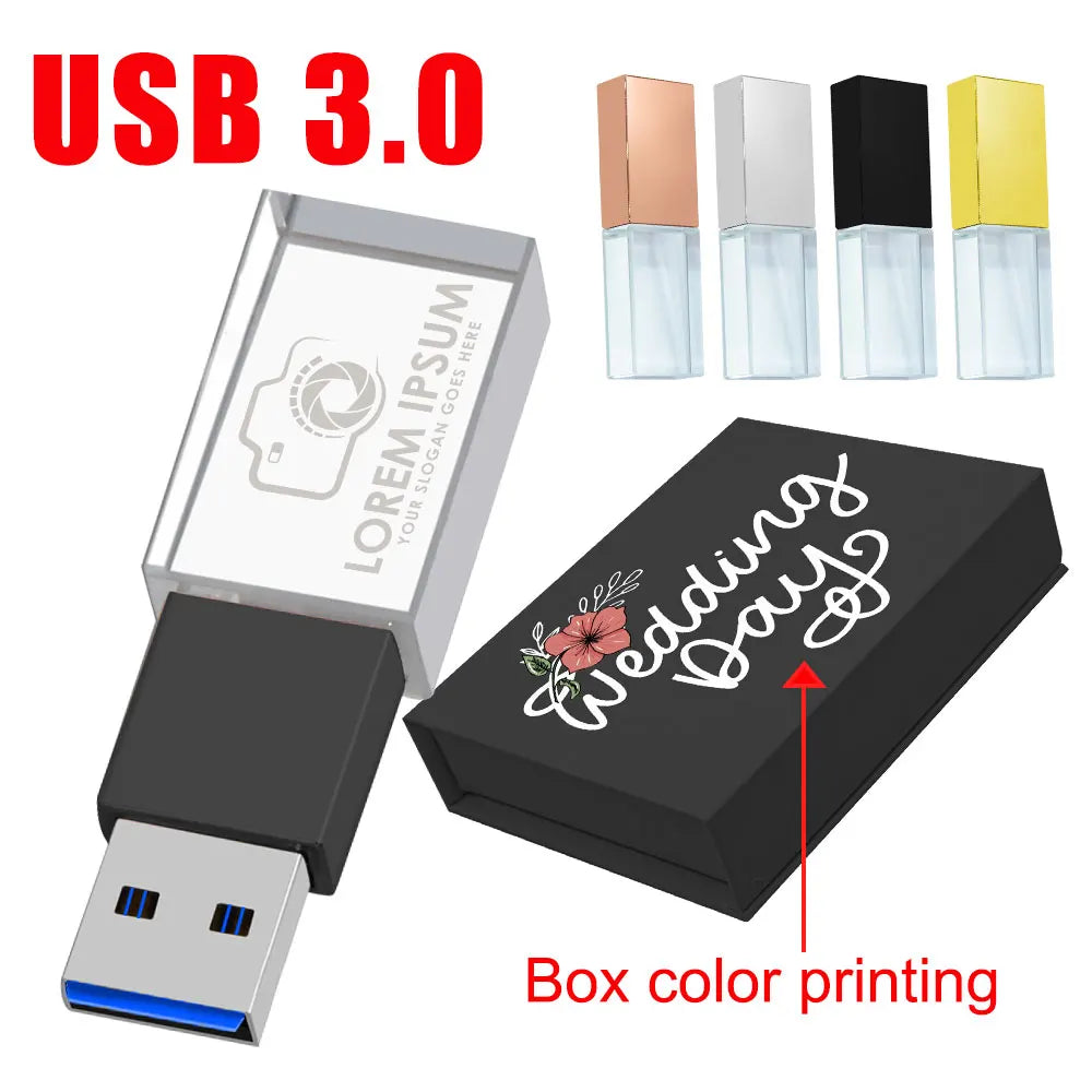 10 PCS Crystal USB 3.0 Flash Drives – LED Light, Free Logo USB Flash Drive PRIMED