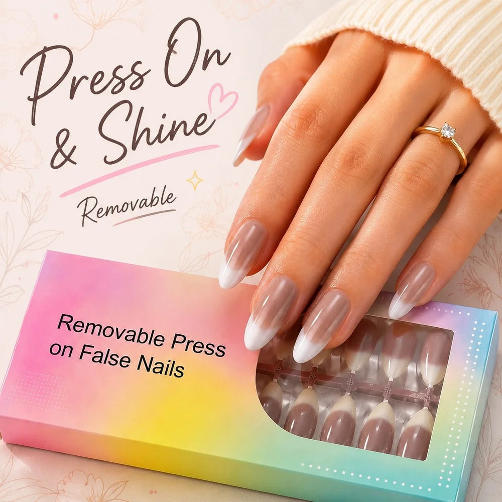 150Pcs Almond Press On Nails – Nude Brown Ombre French Tip