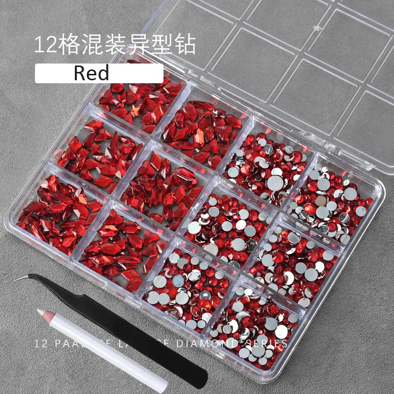 3D Crystal Nail Rhinestones Kit – 12 Shapes, Gems & Tweezer Nail Rhinestone Kit PRIMED ZB148-6