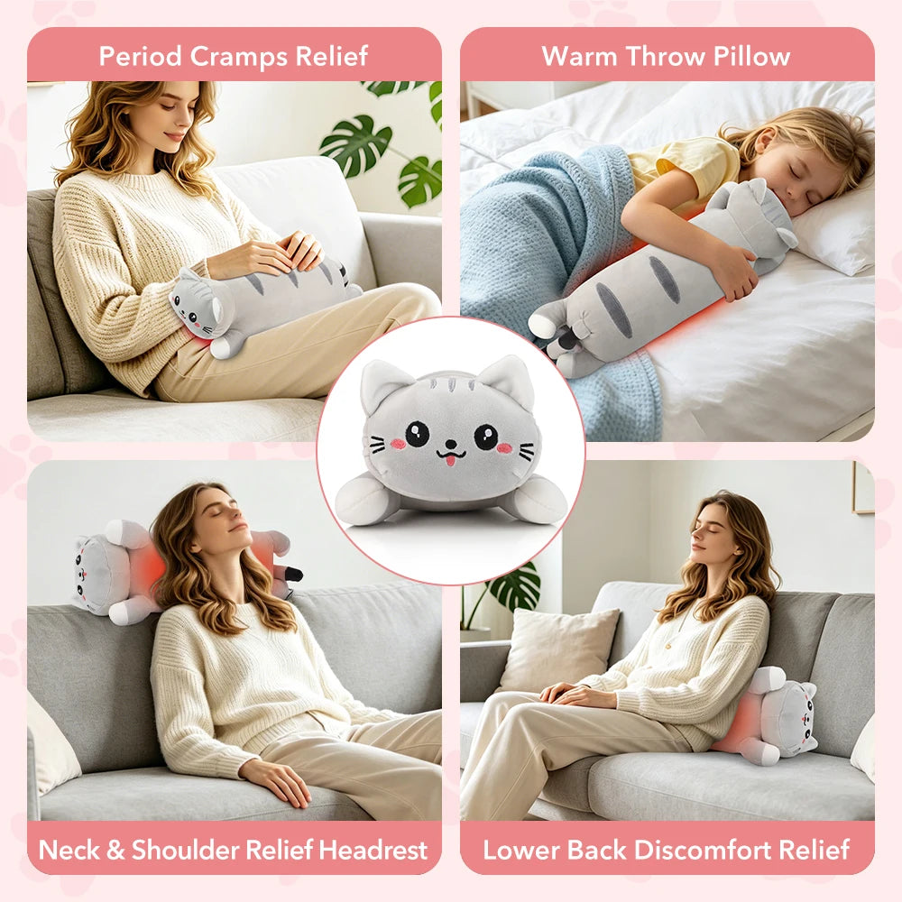 USB Heated Cat Plush Pillow – 5 Heat Levels, Neck & Back Heated Plush Pillow PRIMED