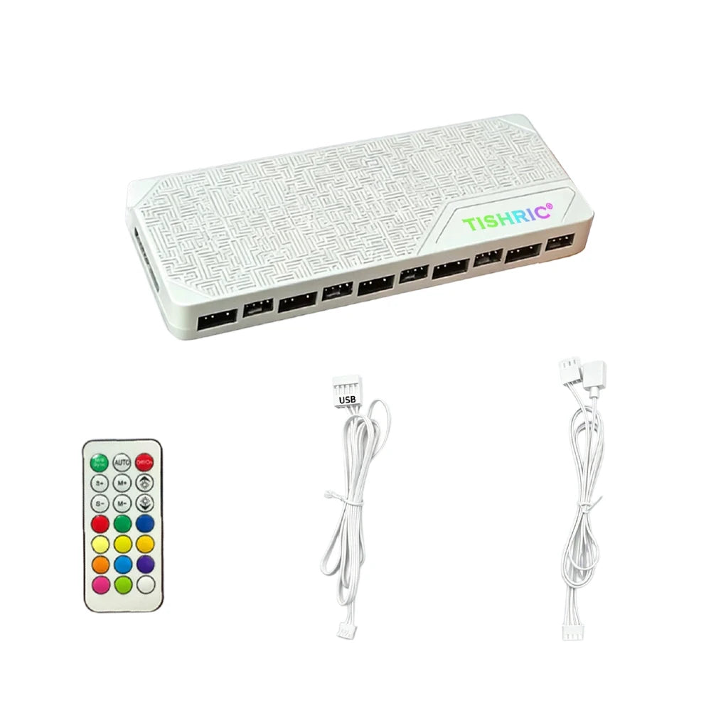 TISHRIC ARGB Fan Hub 1-to-10 PWM Controller | SATA 5V 3/4-Pin ARGB Fan Hub Controller PRIMED 10 Port 5V4Pin White China Mainland