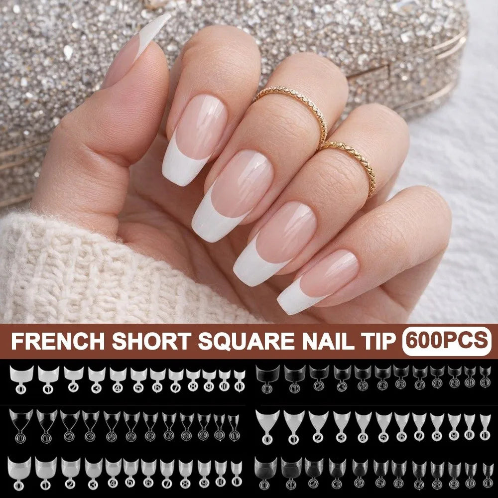 600 Pcs Short Square Press-On Nail Tips – Clear & Natural French