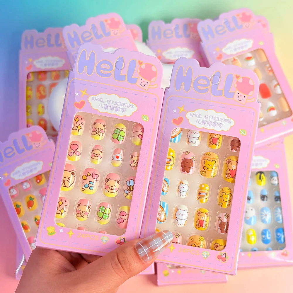 120Pcs Kids Cartoon Press-On Nails – Bear, Bee & Rabbit Kids Press-On Nails PRIMED