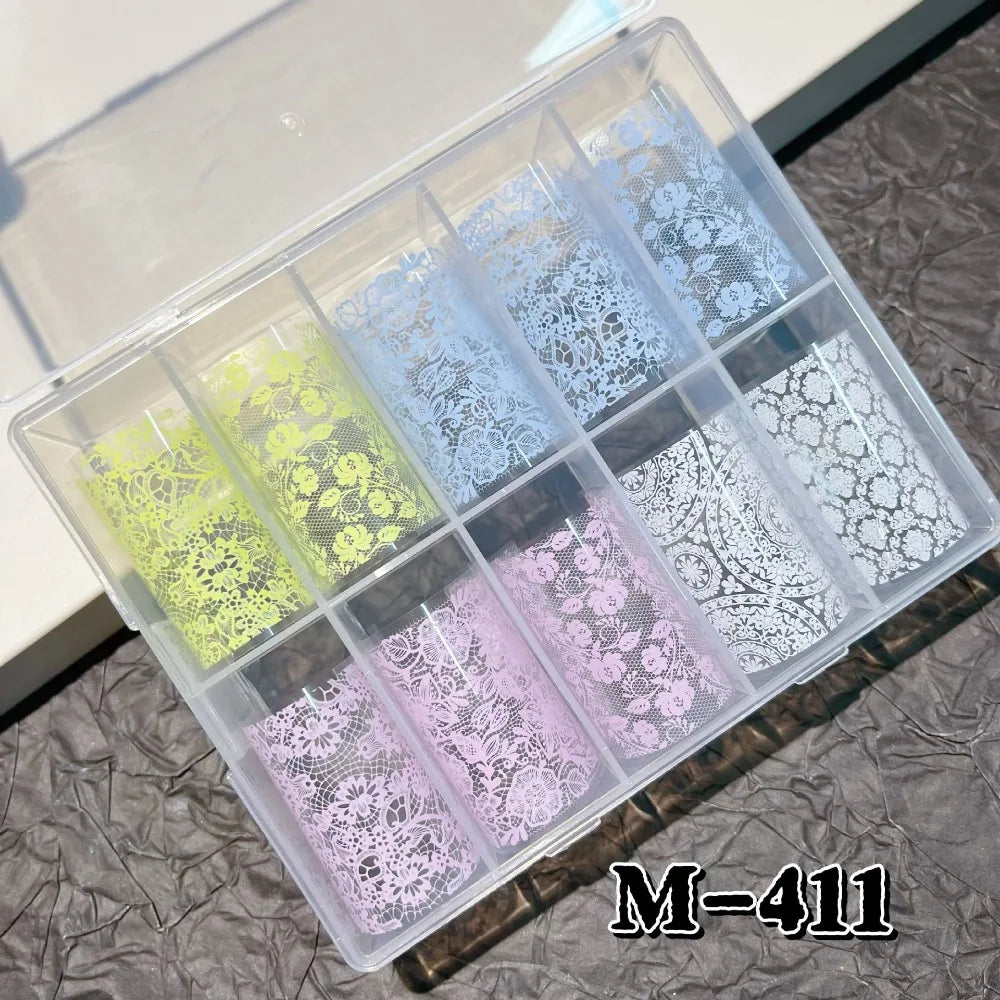 Lace Flower Nail Transfer Decals – Pink Blue White Foils