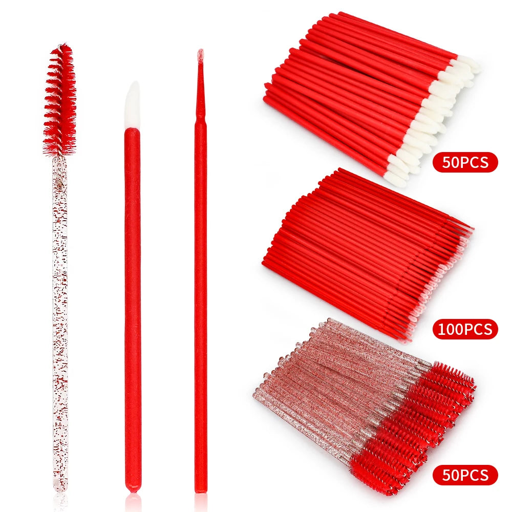 200Pcs Eyelash Extension Microbrush & Lip Brush Kit | Bulk Set Makeup Brush Kit PRIMED red