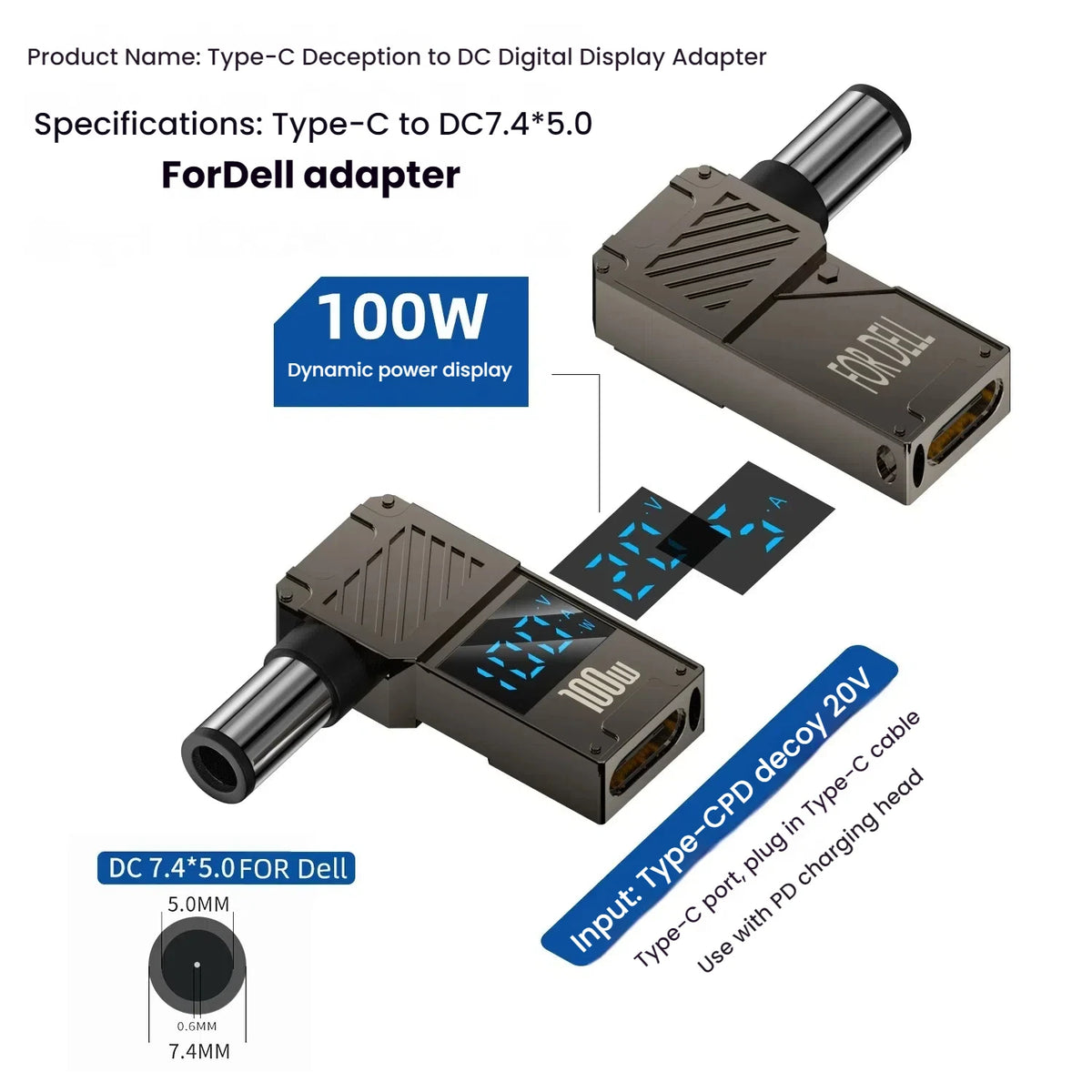 TISHRIC 100W USB-C to DC Laptop Charger Adapter | 5A Type-C Laptop Charger Adapter PRIMED 7450 For Dell China Mainland