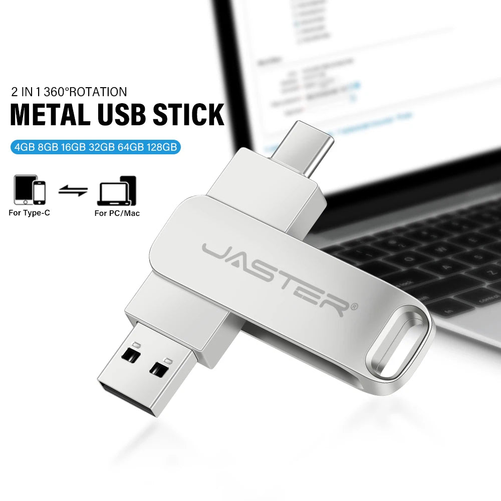 JASTER USB-C Metal Flash Drive 2-in-1 | 4GB–128GB Memory Stick USB Flash Drive PRIMED