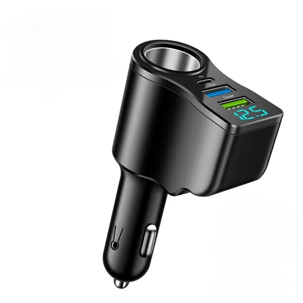 66W 4-Port Car Charger – USB-C PD & Dual USB Fast Charging Car Charger Adapter PRIMED Black