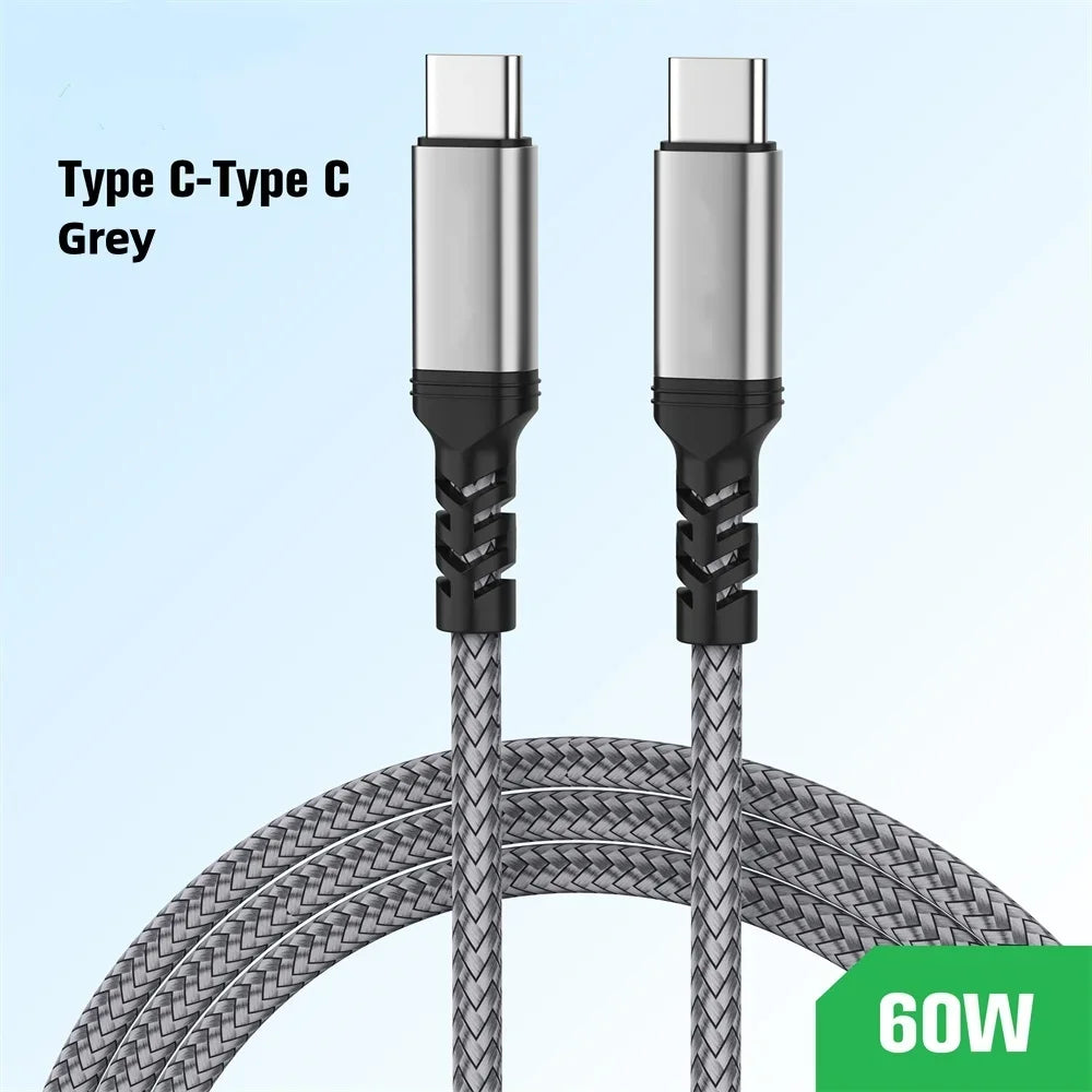 USB-C to USB-C PD 60W Fast Charging Nylon Braided Cable USB-C Charging Cable PRIMED Gray C-C Cable 8m