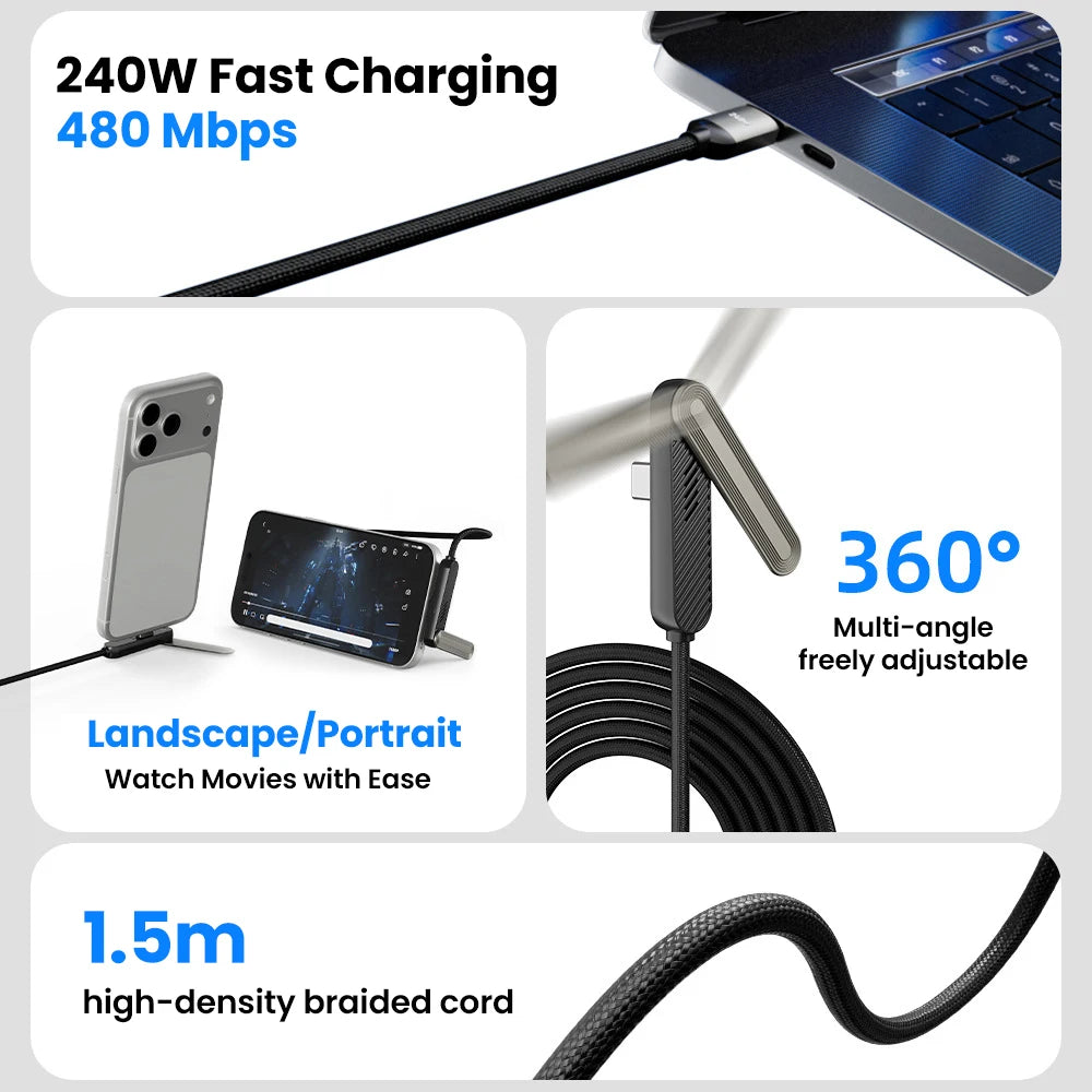 USB-C Fast Charging Cable with Foldable Phone Stand | 240W USB-C Charging Cable PRIMED