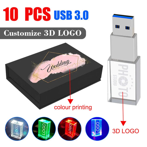 10 PCS Crystal USB 3.0 Flash Drives – LED Light, Free Logo USB Flash Drive PRIMED