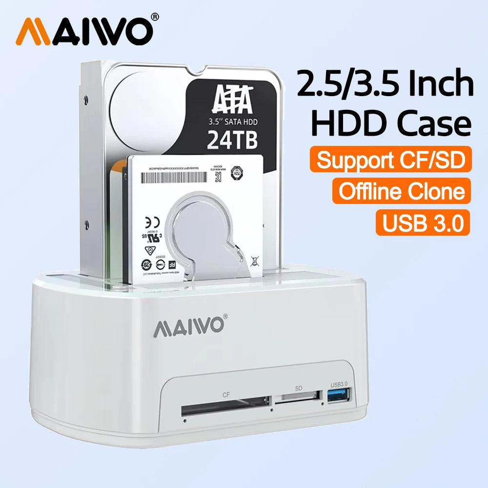 MAIWO Dual Bay HDD Dock USB 3.0, Offline Clone & Card Reader HDD Docking Station PRIMED