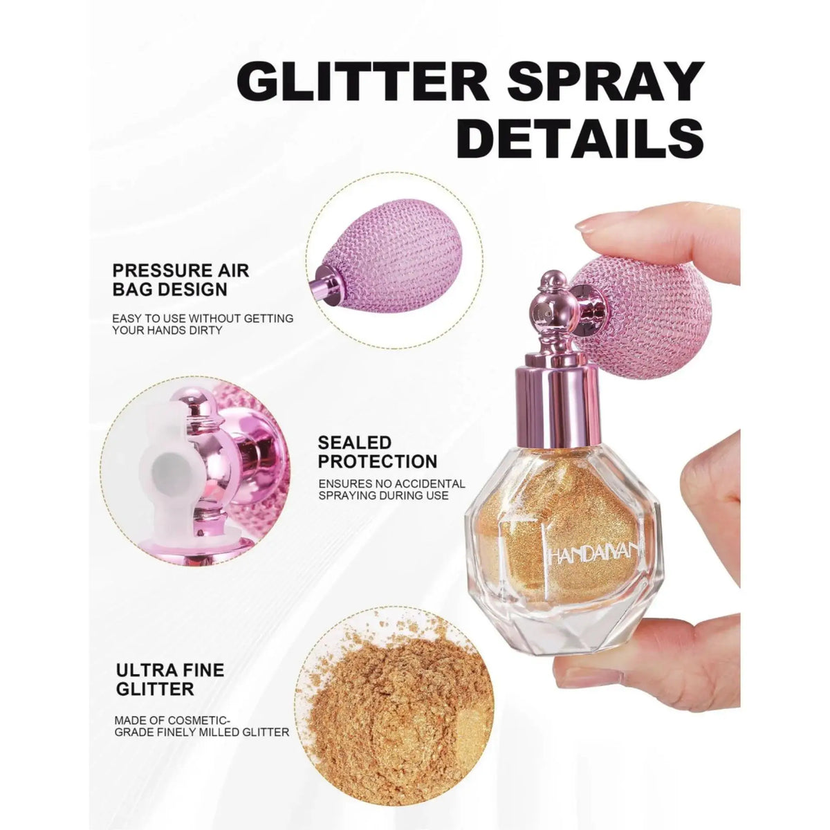 Handaiyan 5-Color Shimmer Spray – Body, Face & Hair Glitter Shimmer Highlighter Spray PRIMED