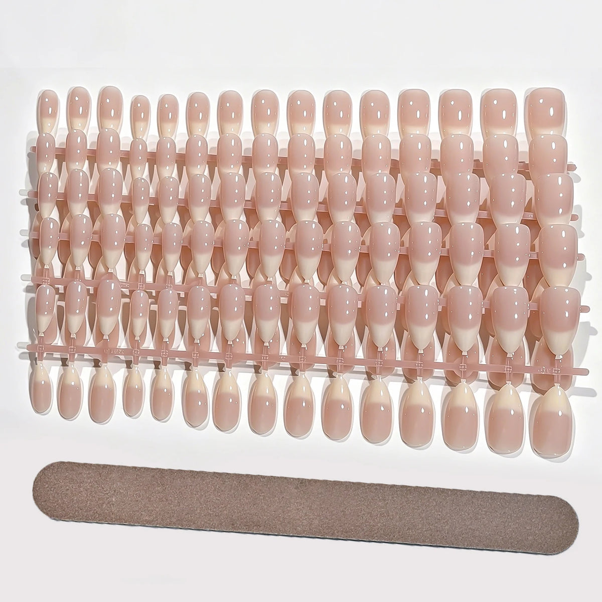 150Pcs Nude Pink Press On Nails – Glossy Almond French Tips