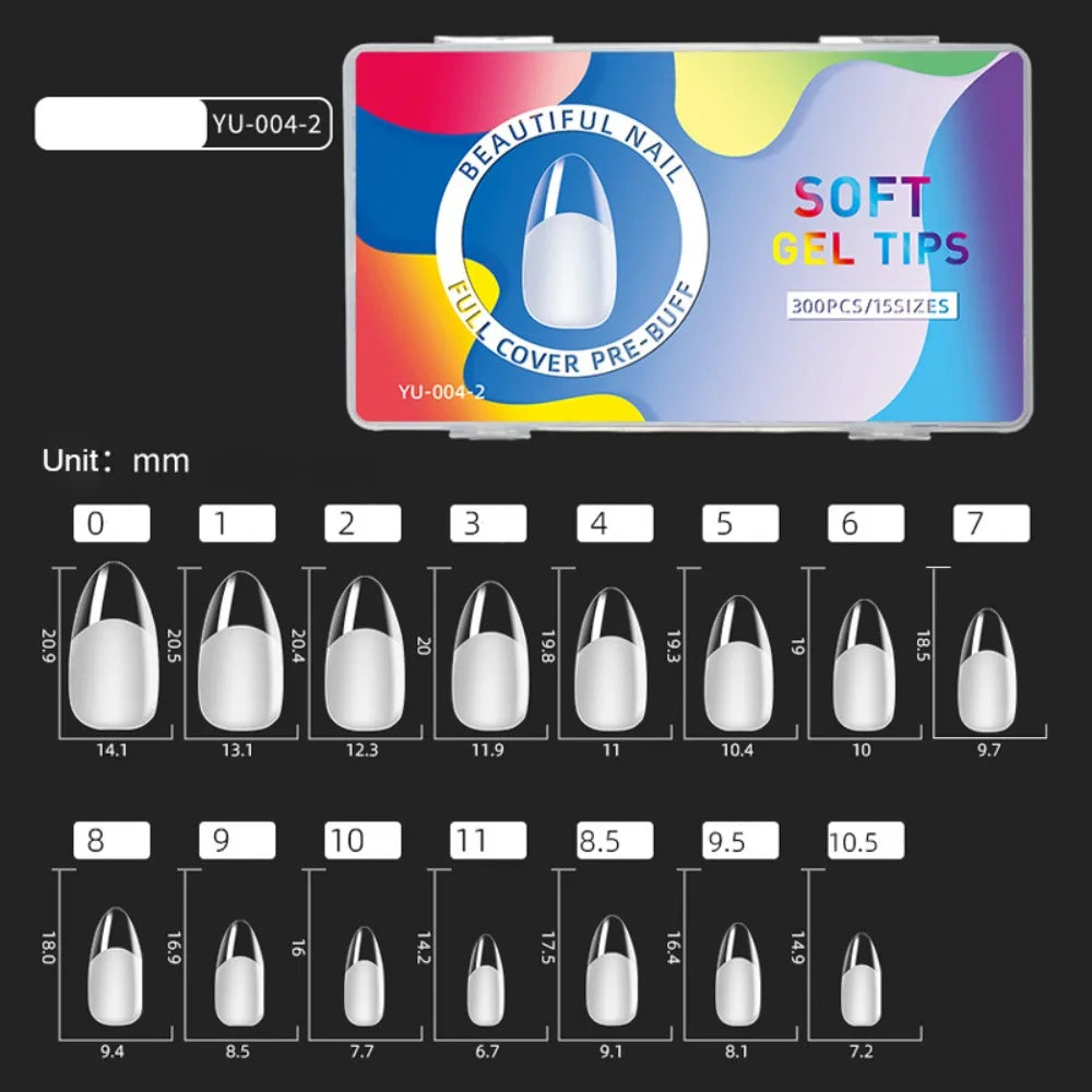 300pcs Short Almond Soft Gel Nail Tips | 15 Sizes Full Cover