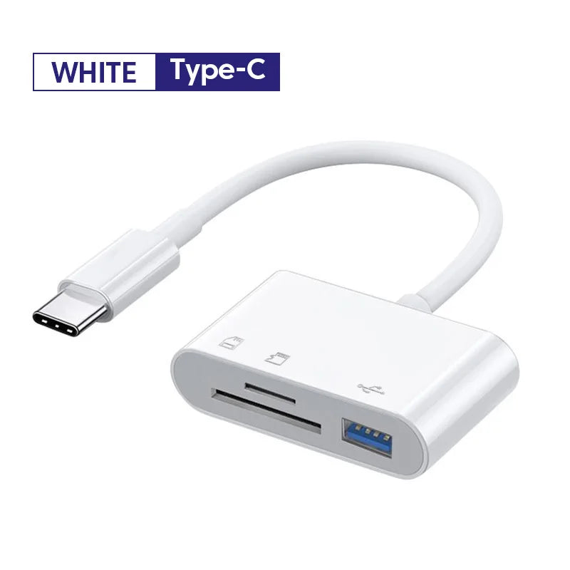 3-in-1 Type-C Card Reader – USB, SD & TF OTG Adapter Card Reader Adapter PRIMED White