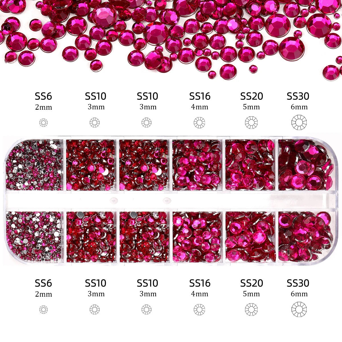 Mixed Size Flatback Glass Rhinestones 12-Grid Box SS6–SS30