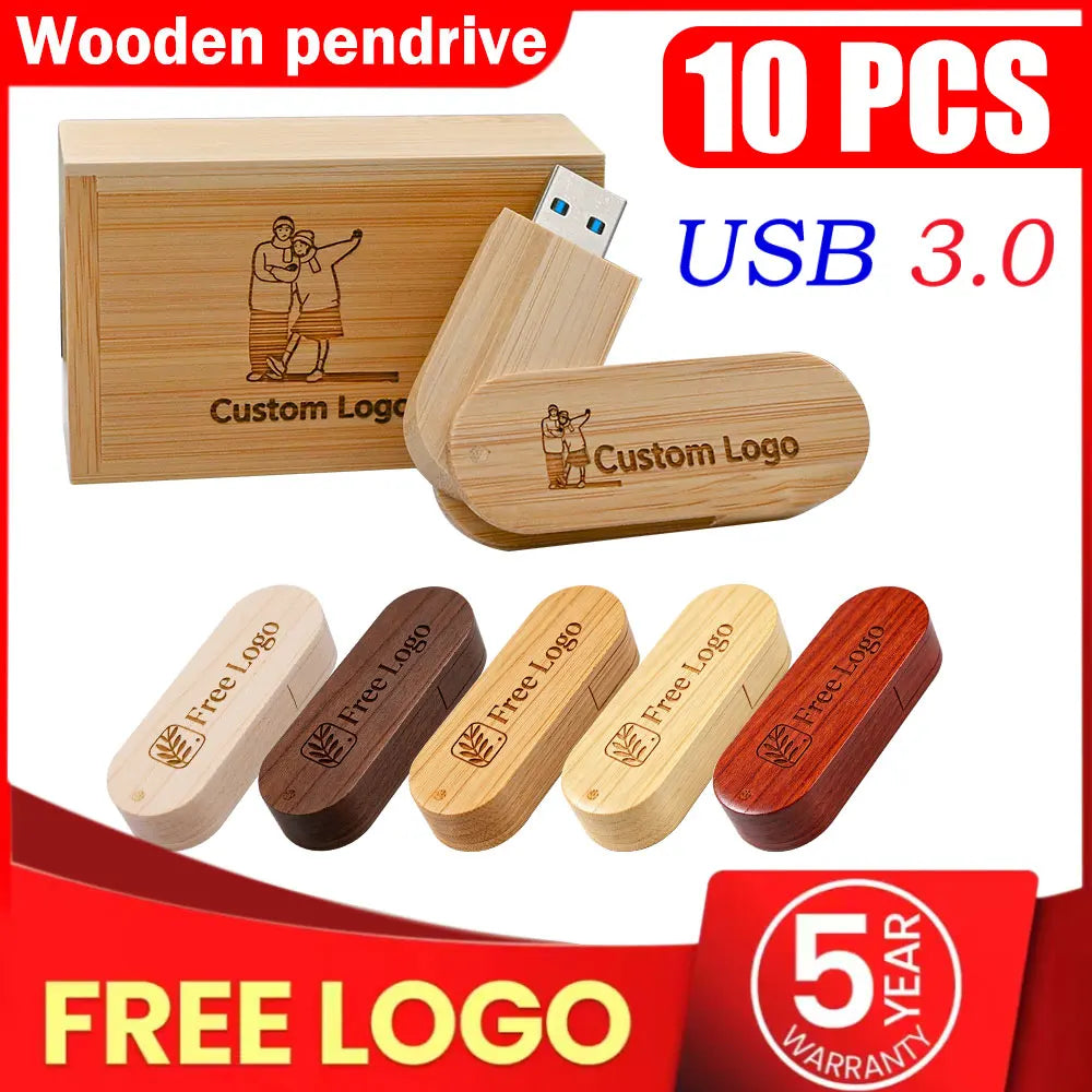 10-Pack Custom Logo Wooden USB 3.0 Flash Drives 32/64/128GB USB Flash Drive PRIMED
