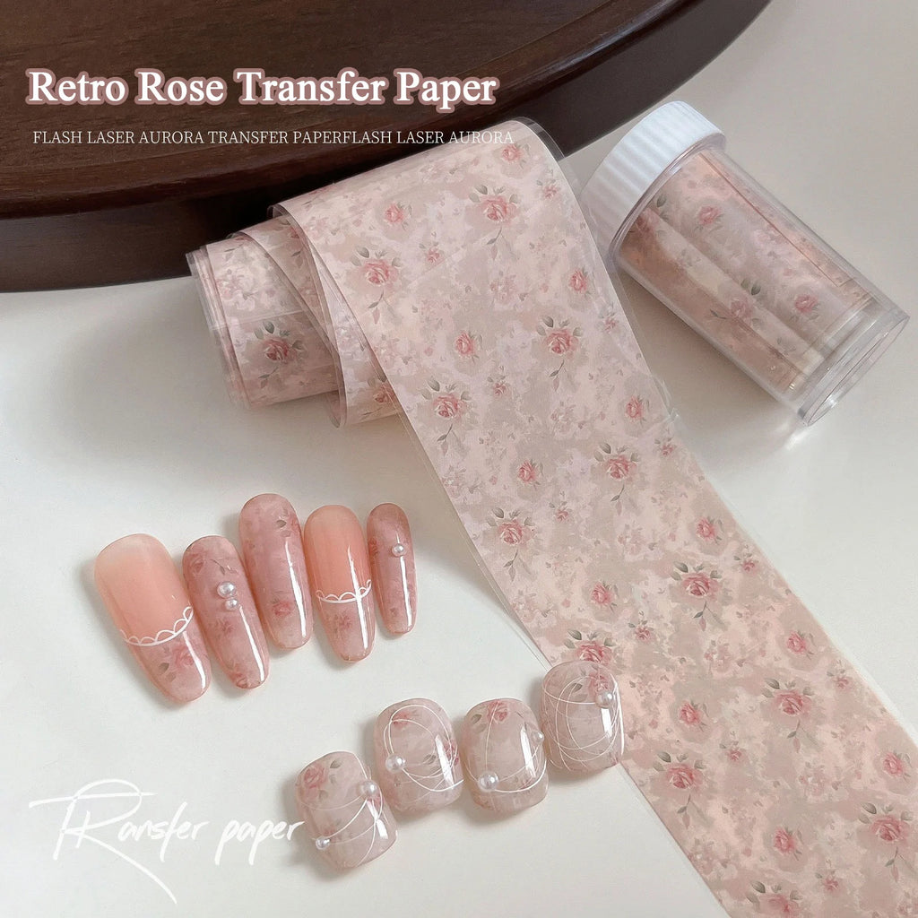 100cm Vintage Rose Nail Transfer Paper Roll | Floral Water Decals
